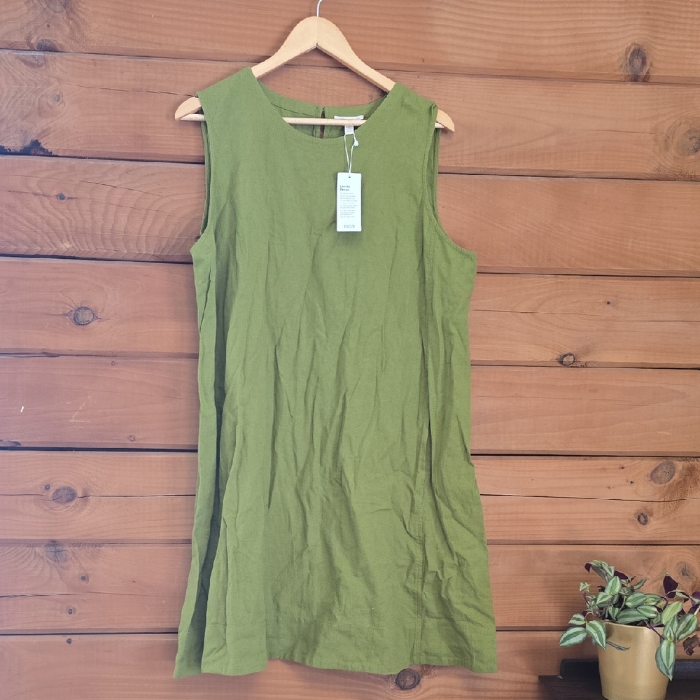 Eileen Fisher Green Roundneck Sleeveless Dress Pockets Organic Cotton Linen XL - Picture 2 of 7